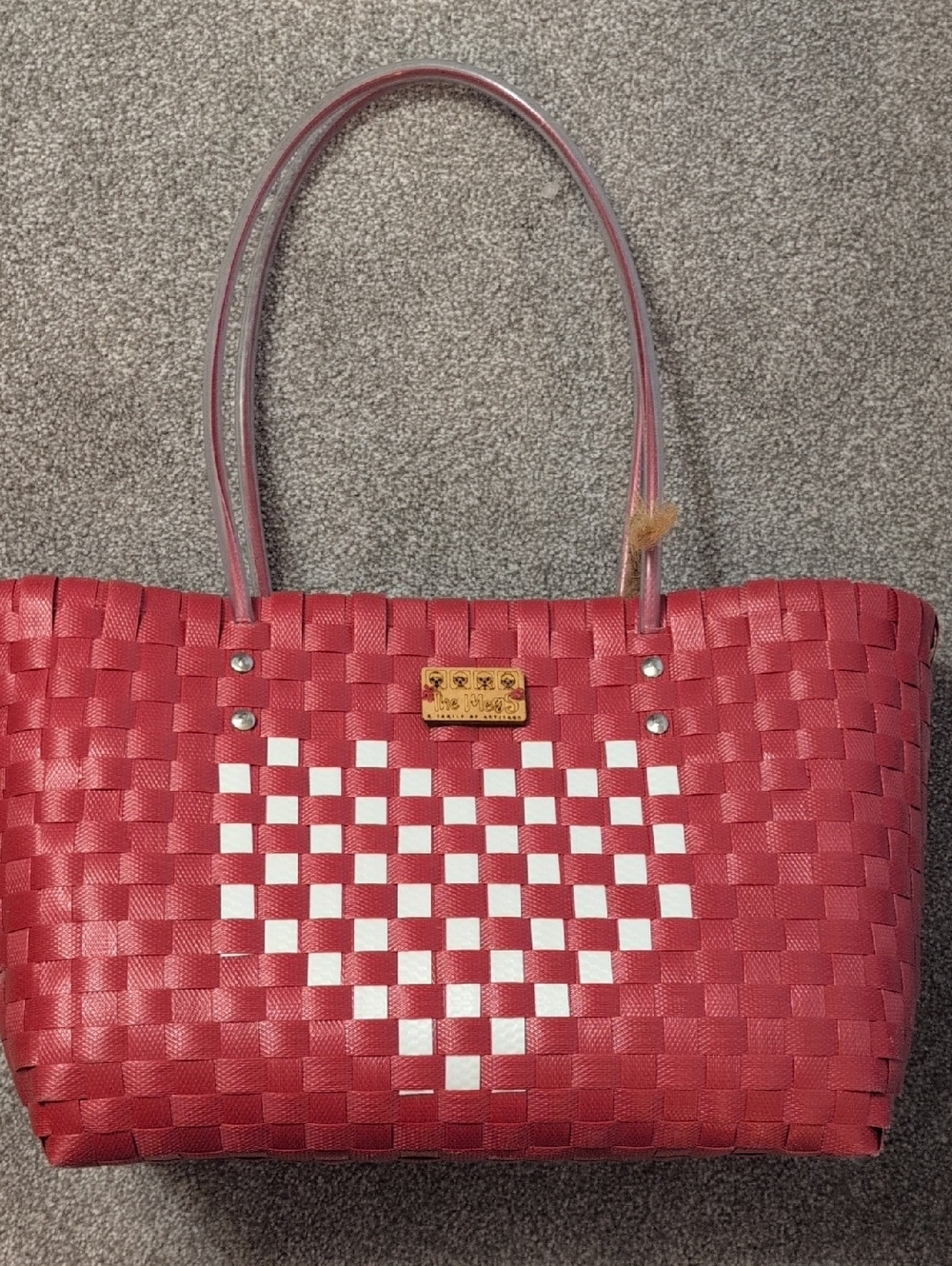 Red Woven Tote Bag with White Heart Accent